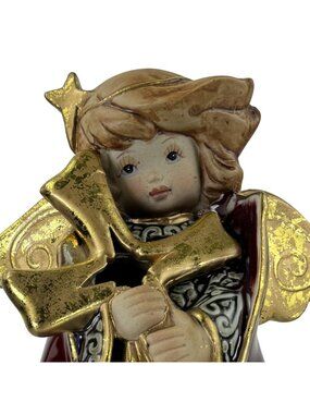 Vintage Ceramic Angel Candle Holder With Star  Bow 8.5" Tall Gold & Burgundy Chr
